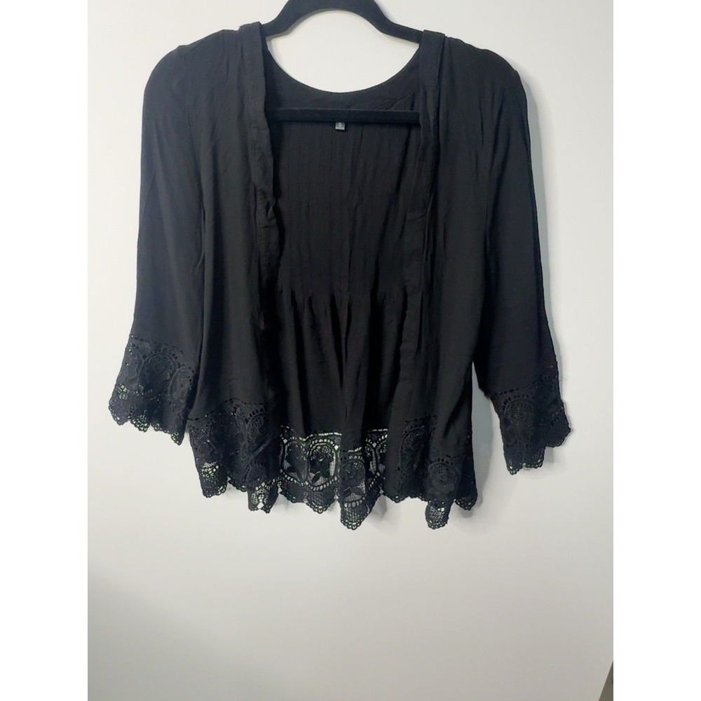 I 🩷Joah Black Lace-trim Kimono Open Cardigan Small